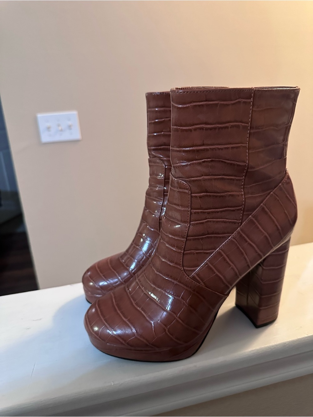 Forever 21 Brown Croc-Embossed Platform Ankle Boots
